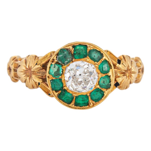 Antique Mid Victorian Ring Diamond Emerald 18k Yellow Gold Sz 6.75 Jewelry For Sale