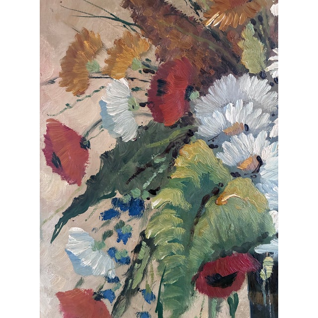 Vintage Original Floral Oil Painting With Wildflowers in Blue Vase For Sale - Image 6 of 14