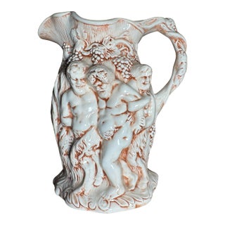 1970s Handmade Majolica-Style Bacchus Pitcher With Putti Relief, Dated 1976 For Sale