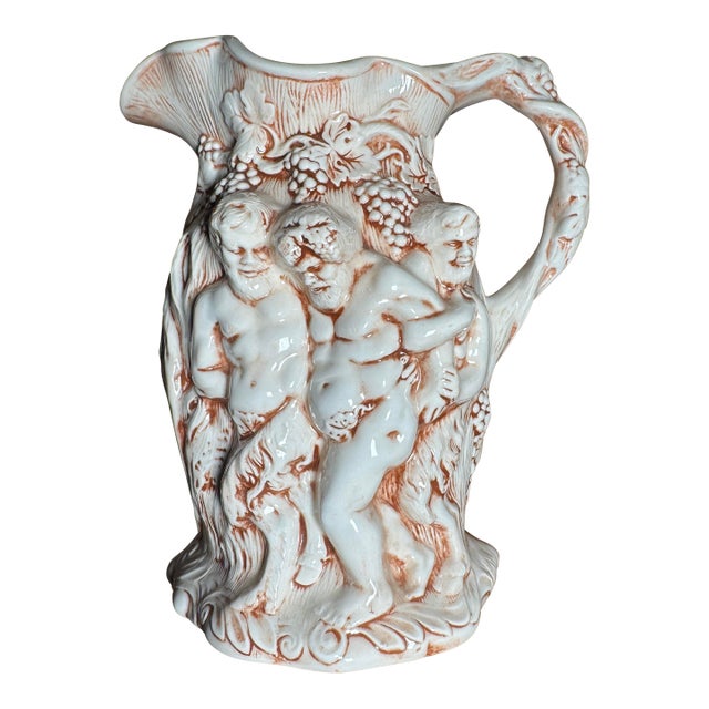 1970s Handmade Majolica-Style Bacchus Pitcher With Putti Relief, Dated 1976 For Sale