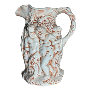 1970s Handmade Majolica-Style Bacchus Pitcher With Putti Relief, Dated 1976
