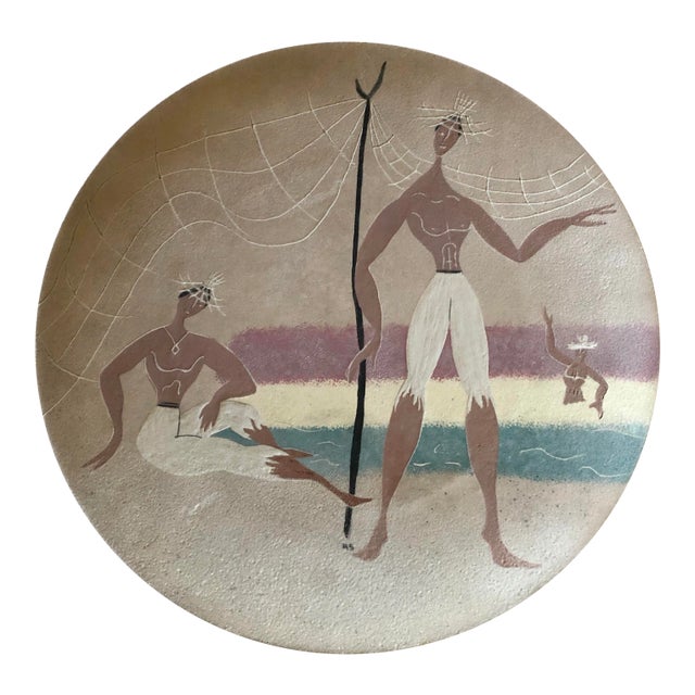 Mid-Century Charger With Beach Scene, Signed Martha For Sale