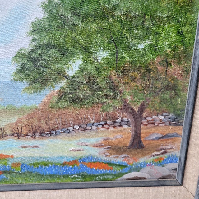 1980s Tx Bluebonnets Landscape Oil Painting Signed 29x17" Frame Linen Matt 24 X 12 Art For Sale - Image 11 of 16