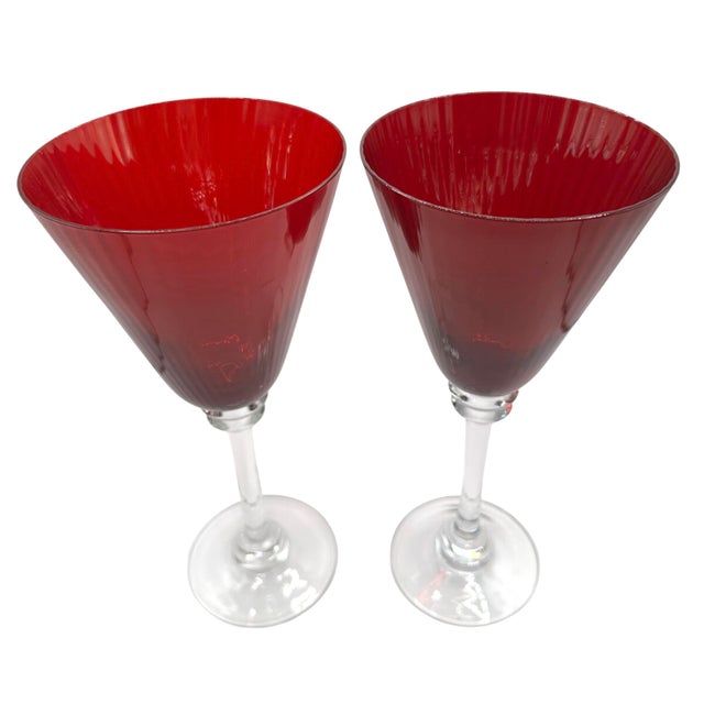 1980s Vintage Elegant Ruby Red Fluted Wine Goblets With Crystal Clear Stems - A Pair For Sale - Image 5 of 12