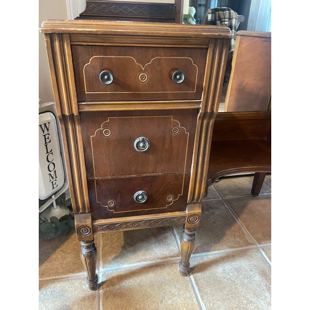 Early 20th Century Antique Vanity Desk With Trifold Mirror and Cane Seat Bench by the Rushville