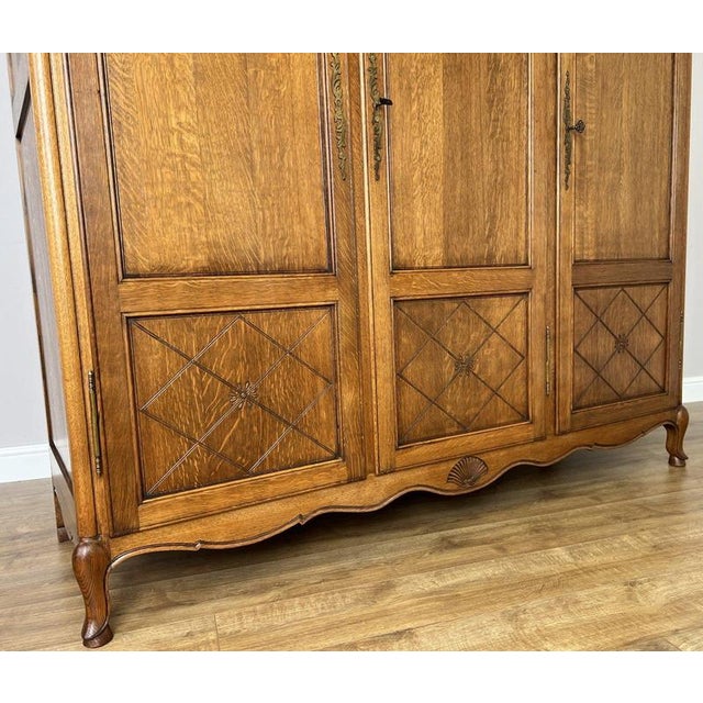 Wood Vintage Louis XVI French Three Door Oak Carved Armoire For Sale - Image 7 of 13