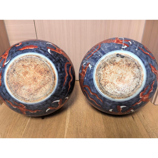 A Pair of Chinese Ceramic Vase Ming Dynasty Xuande Marked Blue Ground Famille Verte Porcelain Tianqiu Vase Hand Painted Dragon Pattern For Sale - Image 13 of 16
