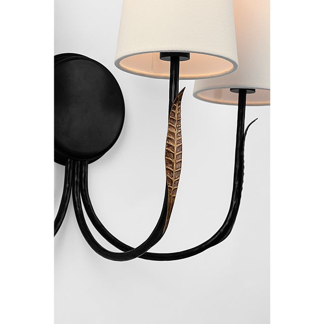 Visual Comfort Thomas O'Brien for Visual Comfort Signature Kairos 14" Triple Sconce in Aged Iron and Roman Bronze with Linen Shades For Sale - Image 4 of 9