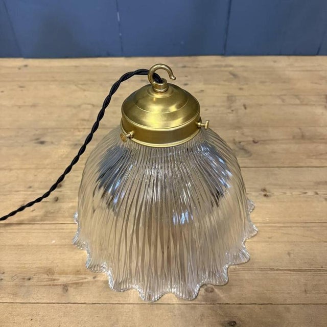 Pressed Glass Pendant Lamp with Brass Fixture from Holophane, 1930s For Sale - Image 10 of 15