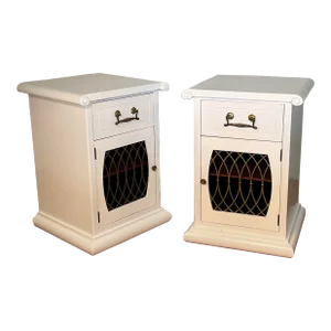 Pair of Vintage Mahogany & Brass White Lacquer Brass Grills Bedside/Nightstands Tables, Circa 1940’s - 50’s