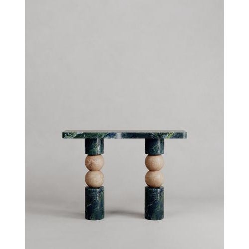 Limited Edition, Stacked Spheres Green Marble Perle Console By Esther Knopfler Dimensions: L 125 x W 33 x H 90 cm....