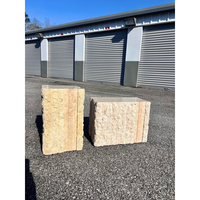 Wood Tessellated Faux Marble Stone Side Tables - A Pair For Sale - Image 7 of 12
