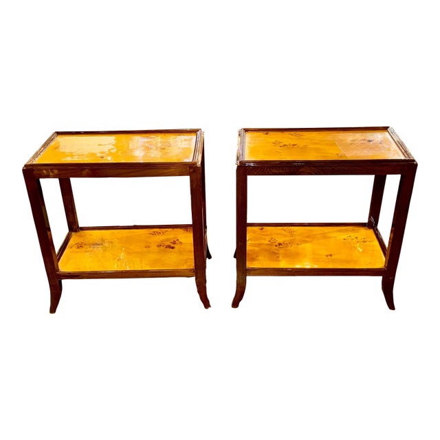 Pair of Continental Burl and Mahogany Side Tables For Sale