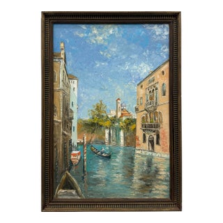 Vintage Signed Canal Cityscape Oil Painting on Canvas For Sale