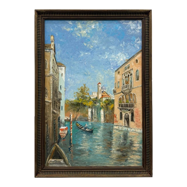 Vintage Signed Canal Cityscape Oil Painting on Canvas For Sale