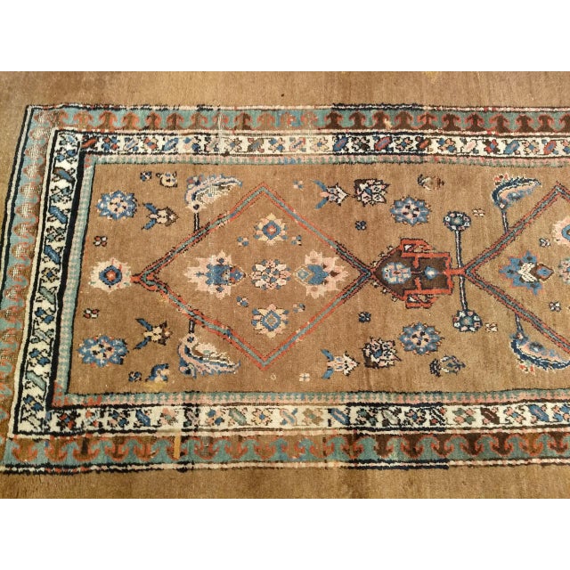 Antique Persian Serab Camel Hair Runner Rug, Hand-Knotted Wool, Geometric Pattern, Red & Green, 4x14 For Sale - Image 9 of 11