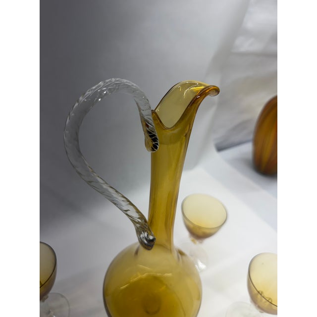 Mid-Century Italian Style Amber Art Glass Pitcher Decanter & Cordial Glass Set - 5 Pieces For Sale - Image 4 of 6