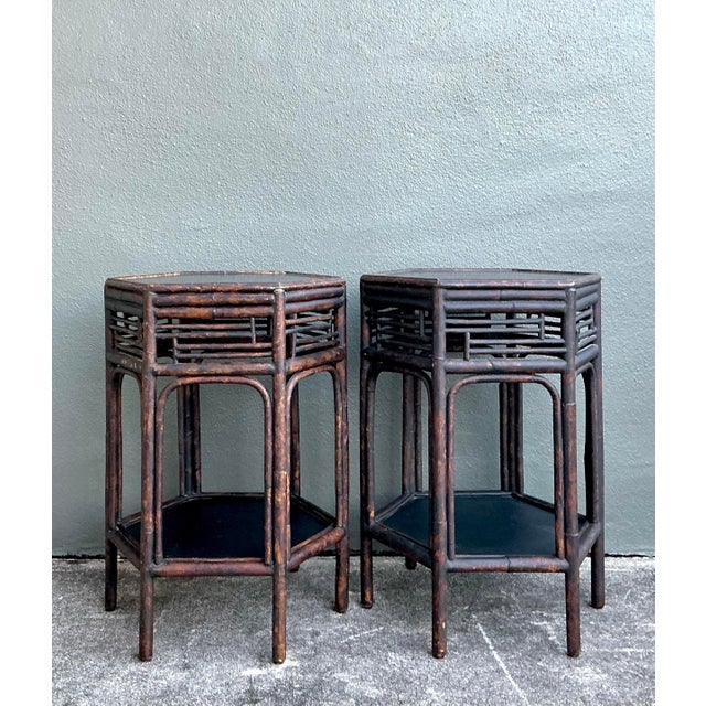 Vintage Asian Fretwork Burnt Bamboo Side Tables - A Pair For Sale - Image 9 of 12