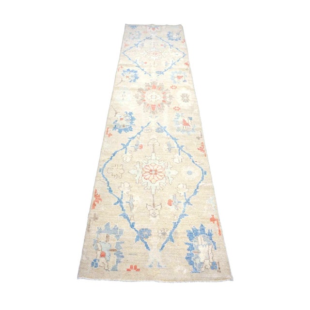 Early 21st Century 21st Century Turkish Oushak Wool 3x12 Beige & Blue Handmade Runner Rug #1144198 For Sale - Image 5 of 12