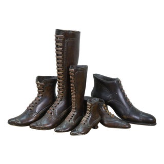 Late 20th Century Set of 6 Theodore Alexander Bronze Victorian Boot Figurines Paperweights 4" to 10" For Sale
