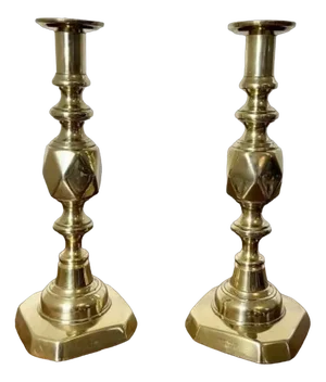 Large Antique Victorian Brass Candlesticks, 1890s, Set of 2