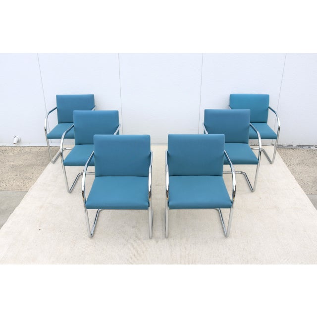 Fabulous set of 6 Brno tubular style chairs in horizon blue fabric, by Gordon International. An icon of mid-century modern...