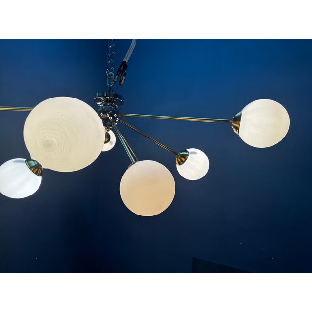 Vintage Sputnik Ceiling Light in Brass and Opaline Glass, Italy, 1980s For Sale - Image 4 of 9