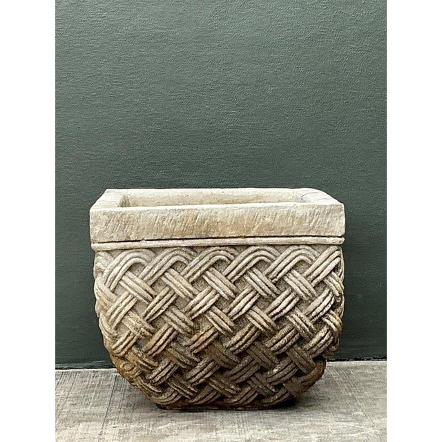 Vintage Basketweave Stone Planter For Sale - Image 11 of 15