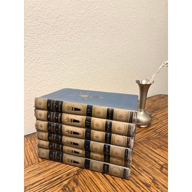 Large Vintage Cream & Blue Encyclopedia Hardcover Stack - Set of 6 - Royal Octavo Format - Modern Minimalist / Japandi Vignette For Sale - Image 4 of 9