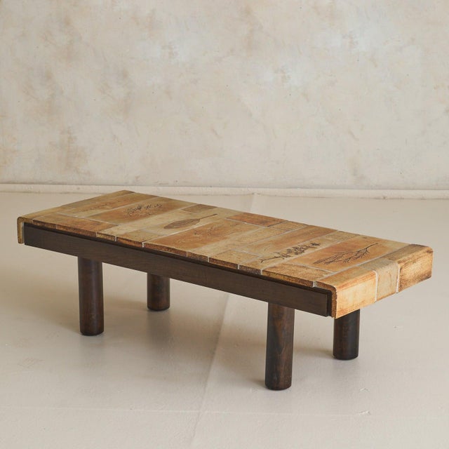 Wood French Garrigue Botanical Motifs Ceramic Coffee Table by Roger Capron, 1970s For Sale - Image 7 of 11