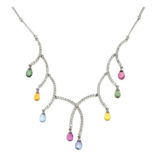 Estate 11.00ct Diamond & Sapphire 14k White Gold Dangle Necklace For Sale