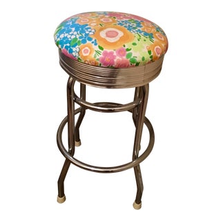 Vintage Floral Print Vinyl Stool For Sale
