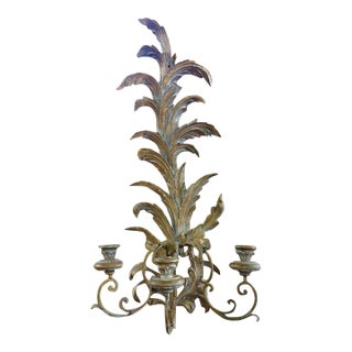 Mud Century Three Arm Gilt Wood Italian Wall Sconce for Candles, Signed Made in Italy For Sale