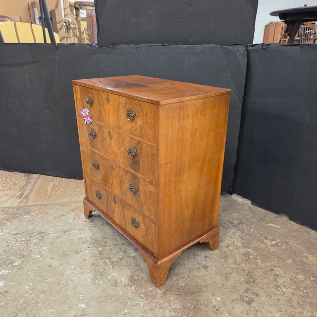 Wood Early 20th Century English Burl Walnut 4 Drawer Chest With Brass Handles on Bracket Feet For Sale - Image 7 of 15