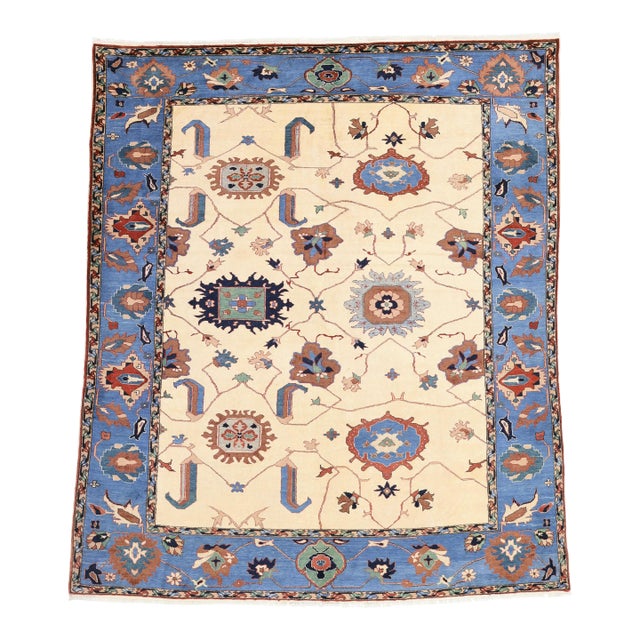 8 X 10 Modern Sultanabad Designed Wool Rug Handmade in Tan and Blue For Sale