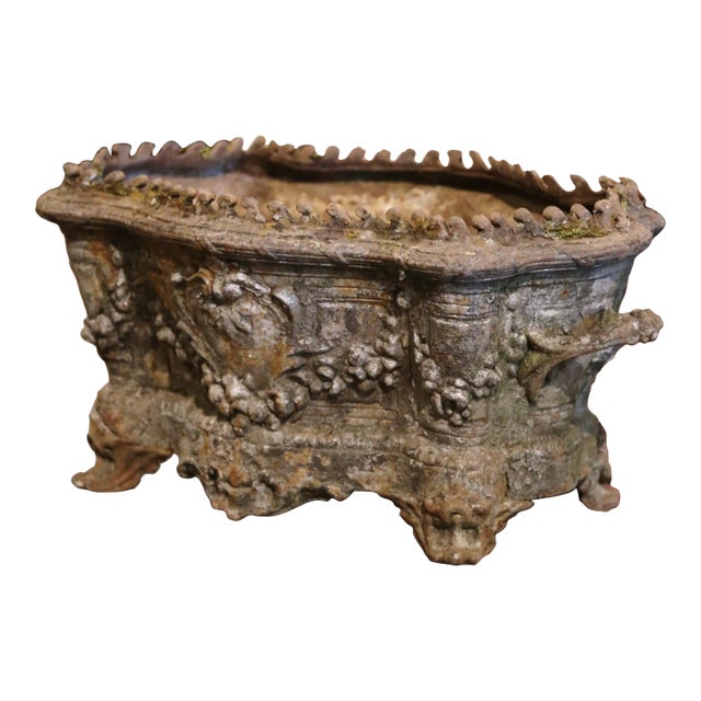 19th Century French Rococo Cast Iron Garden Jardinière With Weathered Patina For Sale
