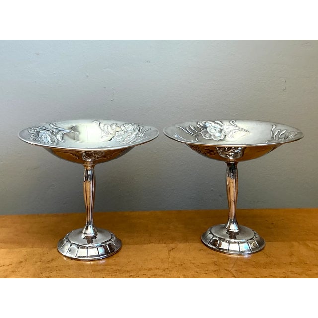Mid 20th Century Vintage Silverplate Floral Compotes - Pair For Sale - Image 5 of 12