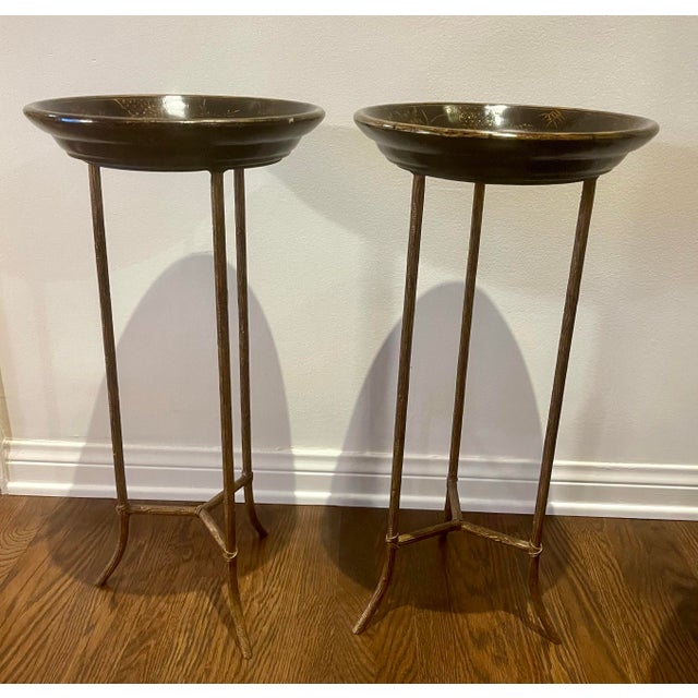 A pair of Dennis & Leen Chinoiserie Black and Gold Cocktail Drink Side Table metal faux twig base with a gilt finish. A...