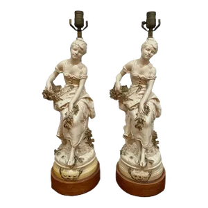 Antique Late 19th Century Plaster Les Cerises Sculpture Figural Table Lamp Signed by Hippolyte Moreau - a Pair
