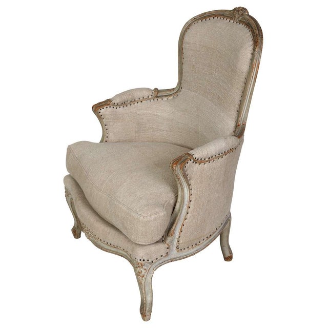 An Antique Pair of Louis XV Style Linen Bergeres From Paris For Sale - Image 4 of 4
