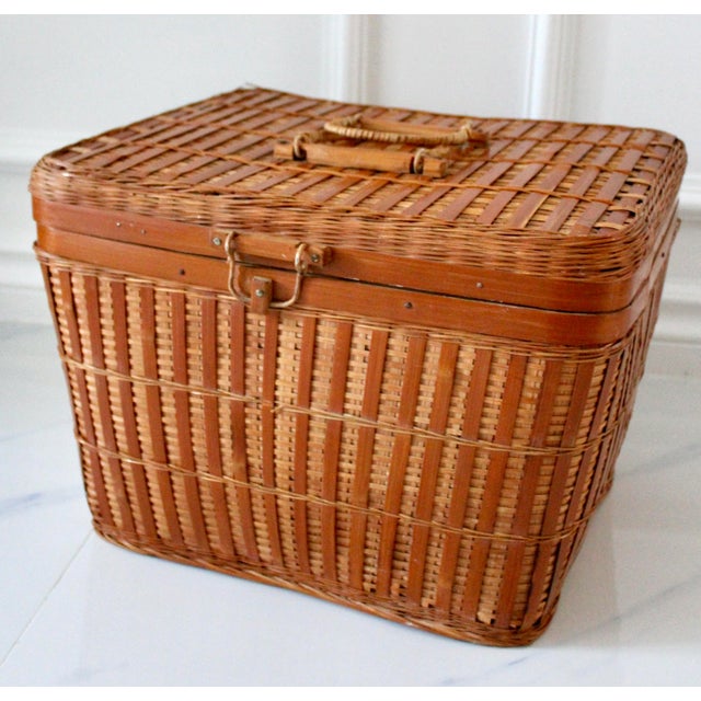 Vintage Asian Large Wicker Picnic Lidded Basket With Handles For Sale - Image 13 of 13