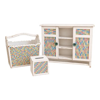 Vintage 3-Piece Bathroom Set | Colorful Mosaic-Style Cabinet, Magazine Holder & Tissue Cover For Sale
