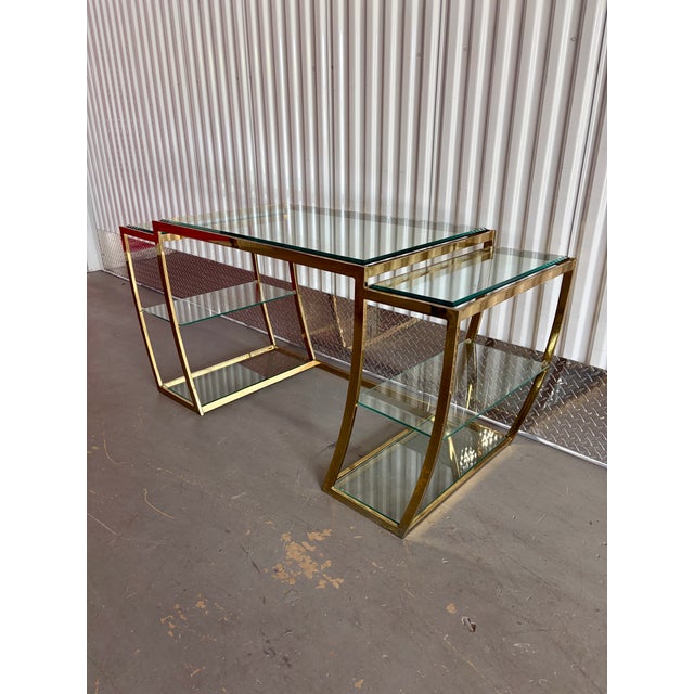 Vintage Hollywood Regency Brass Vanity / Desk in the Milo Baughman Style. Circa 1970s Features an Art Deco Inspired Desing...