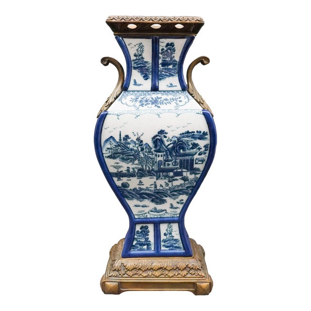 Vintage Castilian Chinese Blue White Porcelain Bronze Ormolu Large Urn Vase For Sale
