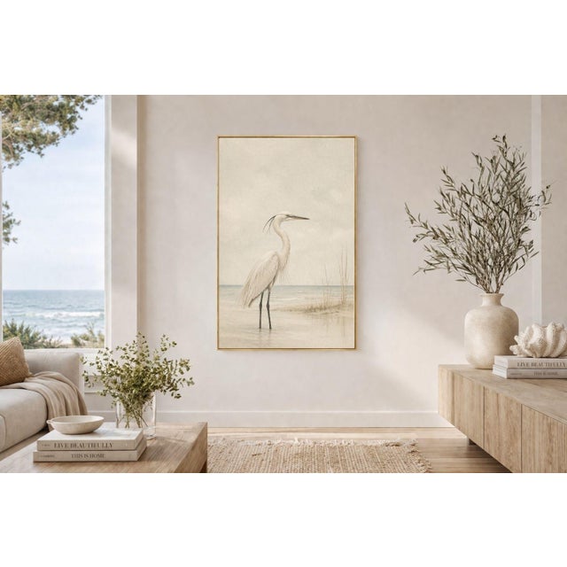 White Egret Coastal Study, Minimalist Bird Wall Art Print, 24″ × 36″ For Sale - Image 4 of 9