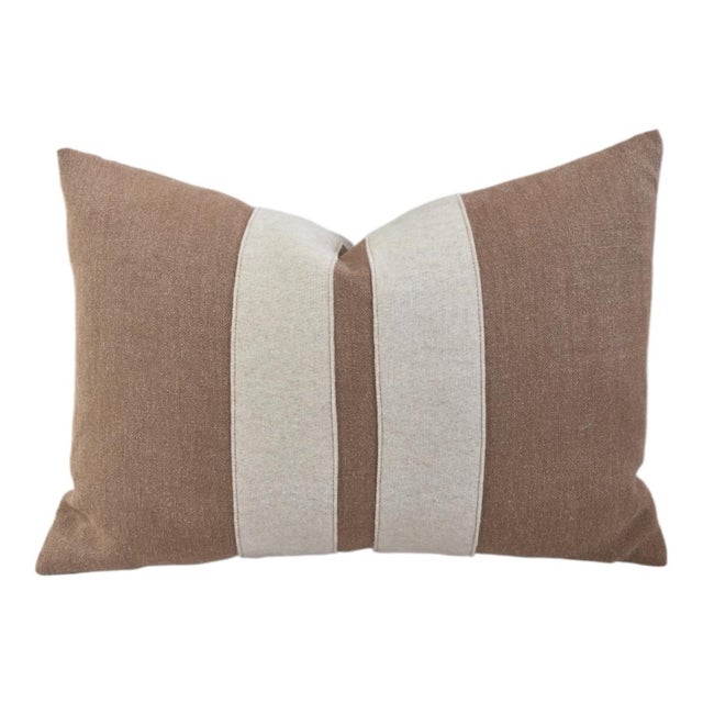 Textile French Brown W/ Cream Appliqué Stripes Wool/Linen Feather/Down Pillow For Sale - Image 7 of 7