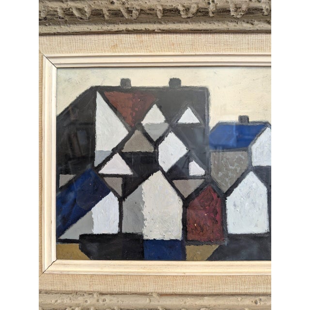 Blue 1952 Mid-Century Modern 'Rhythm of Facades' Swedish Geometric Abstract Street Scene Oil Painting, Framed For Sale - Image 8 of 9