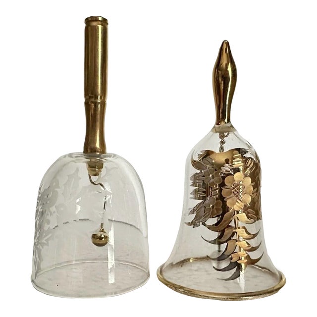 Vintage Late 20th Century Floral & Bird Gold Plated Bells- Set of 2 For Sale