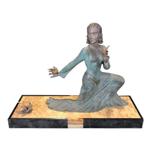 French Art Deco Sculpture " Lady With Her Birds” by M. Secondo