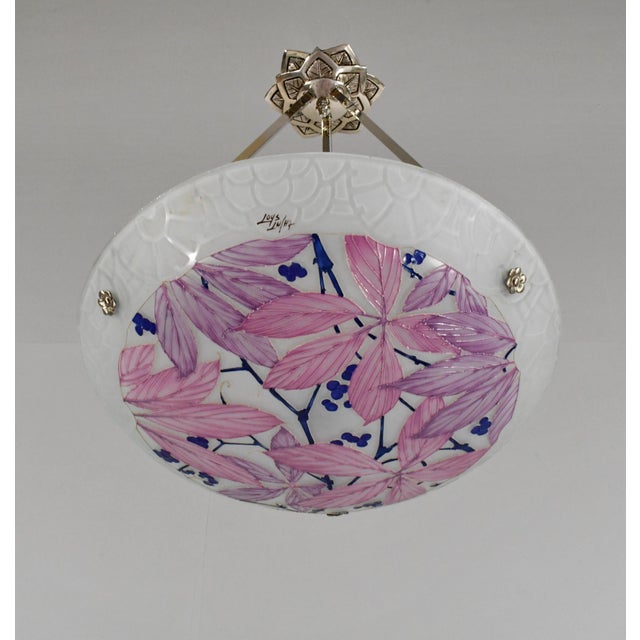 1930s Loys Lucha French Art Deco Pendant Light 1930s - Enameled Pink Foliage Bowl For Sale - Image 5 of 11